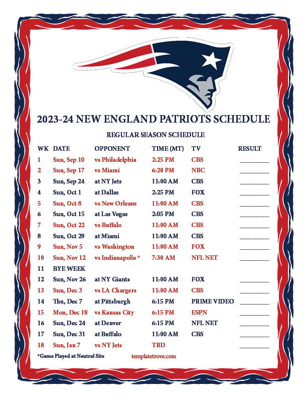 Printable 2023 2024 New England Patriots Schedule