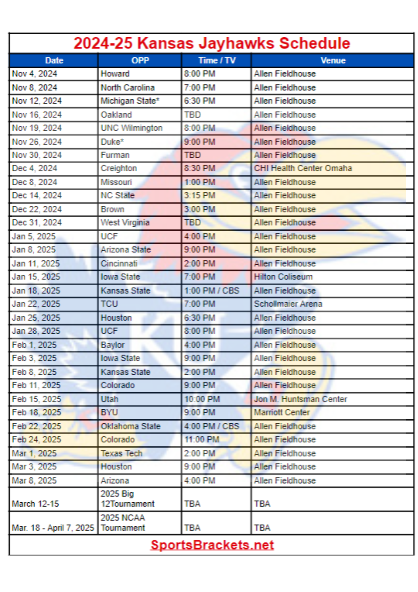 Ku MenS Basketball Schedule Printable
