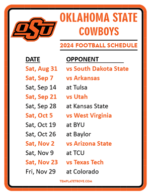 Printable 2024 Oklahoma State Cowboys Football Schedule