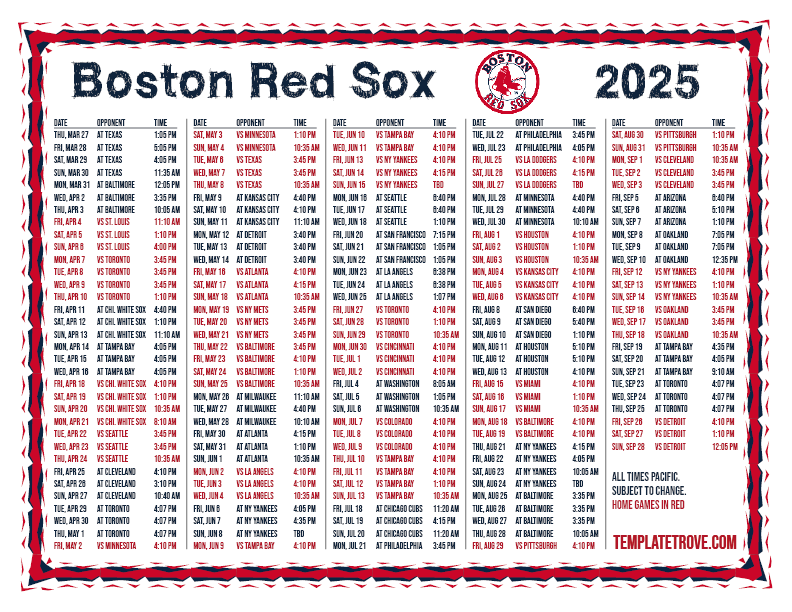 Printable Red Sox Schedule 2025