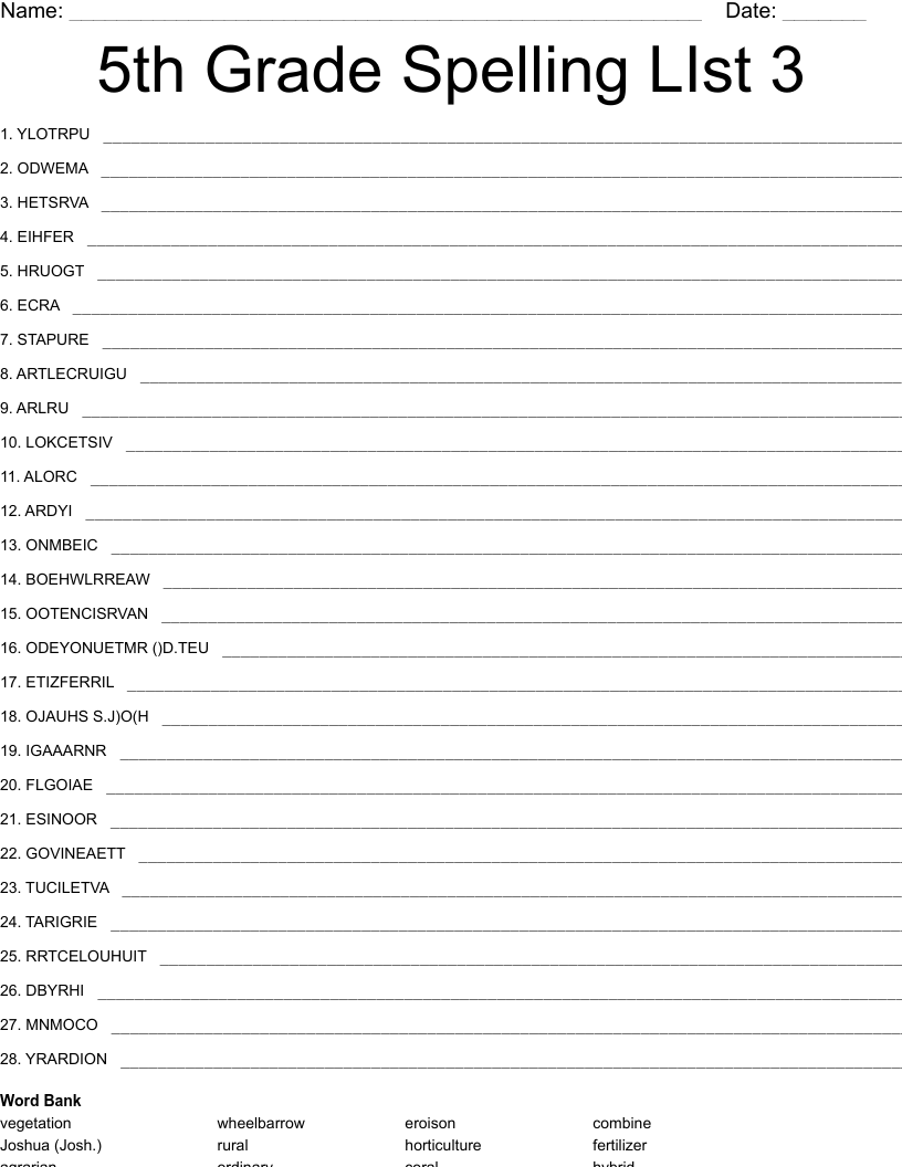 Printable 5th Grade Spelling List