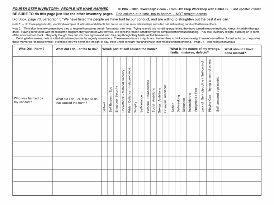 Printable Aa 4Th Step Worksheets