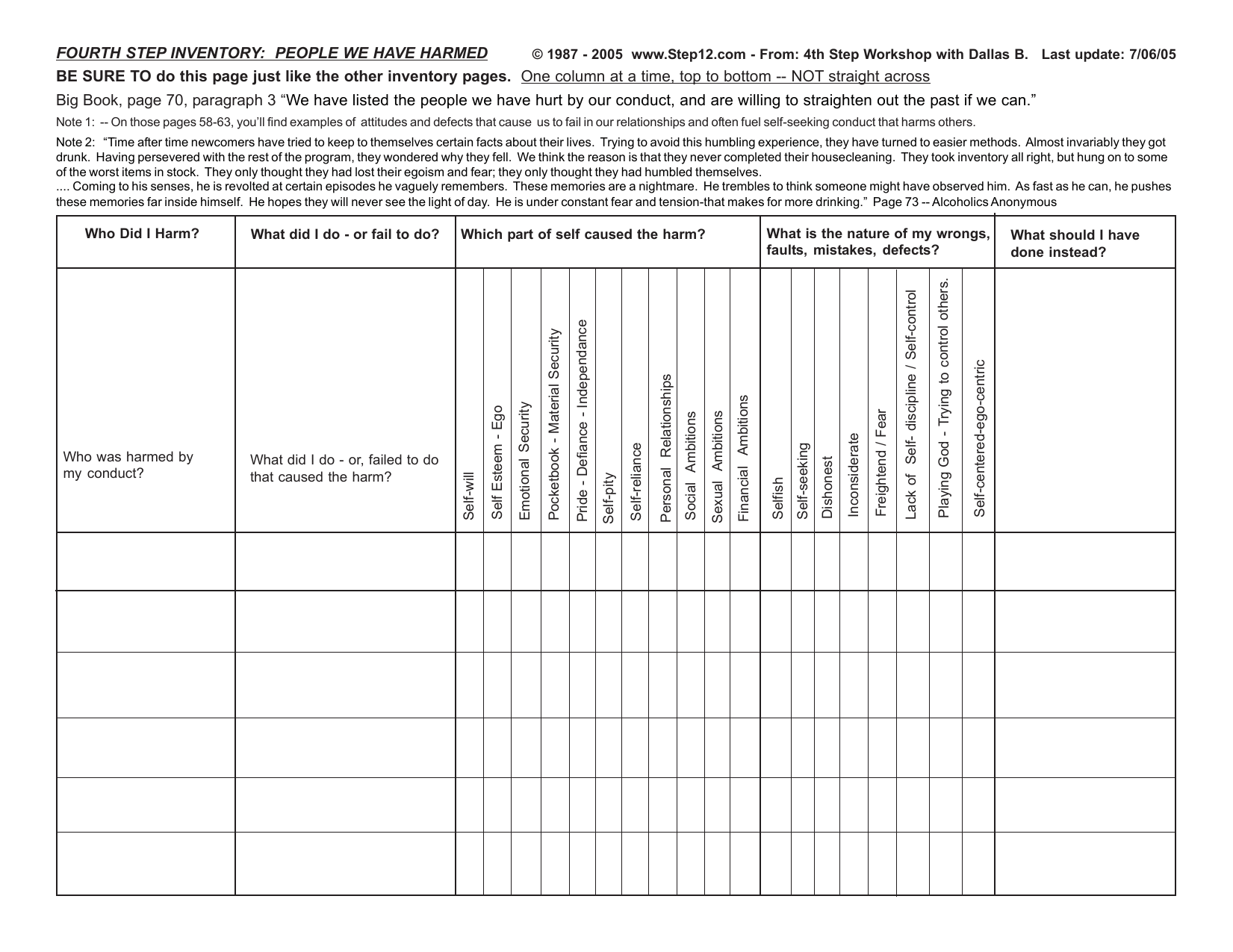 Printable Aa 4Th Step Worksheets