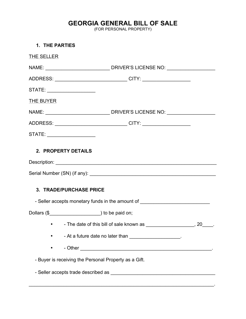 Printable Bill Of Sale Ga