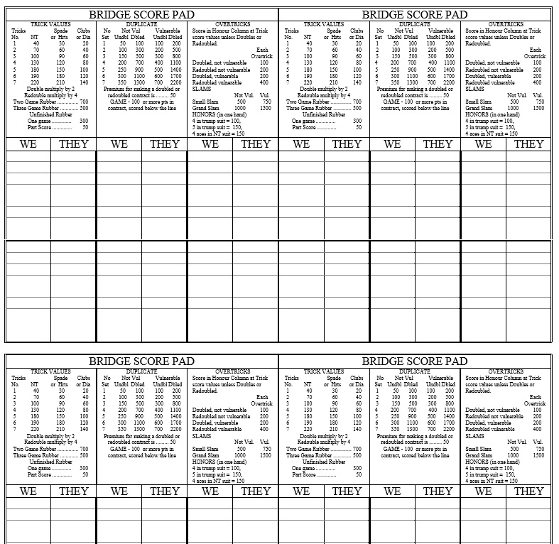 Printable Bridge Score Sheets