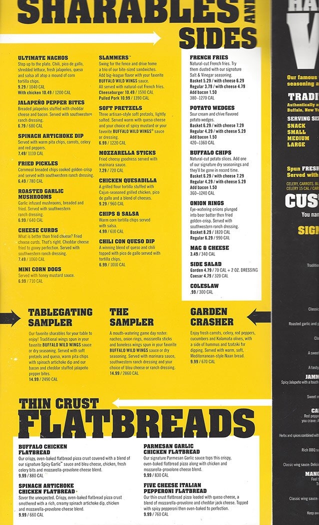 Printable Buffalo Wild Wings Menu