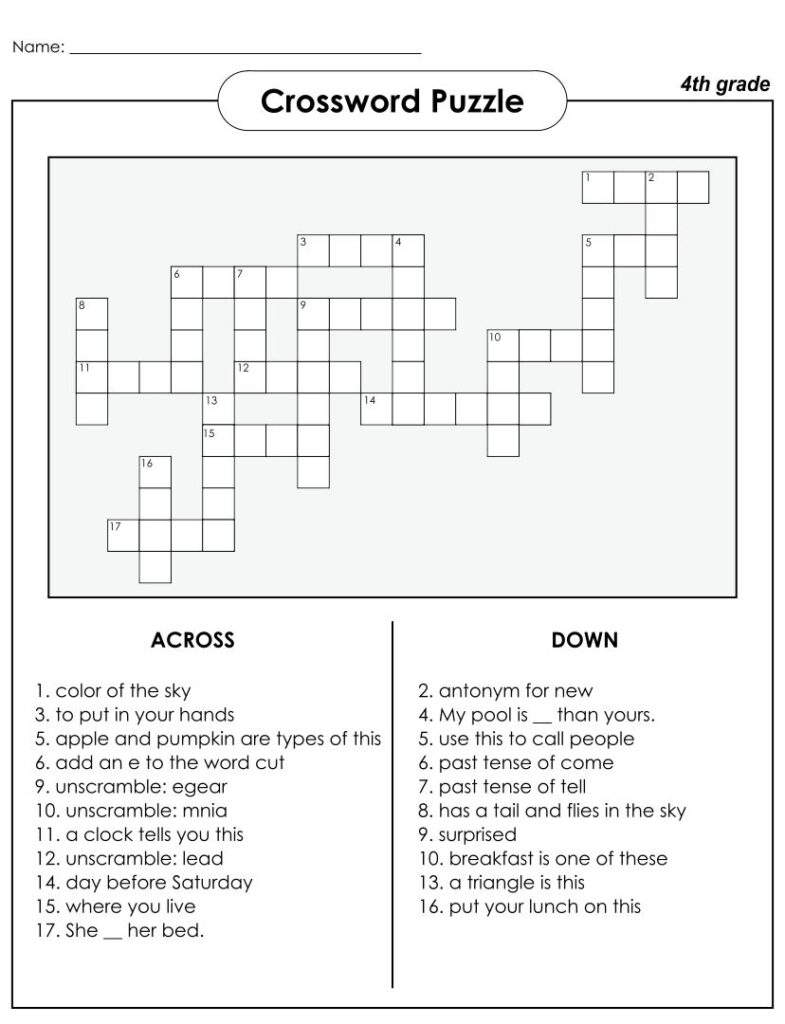 Printable Crossword Puzzles Grade 4 Printable JD