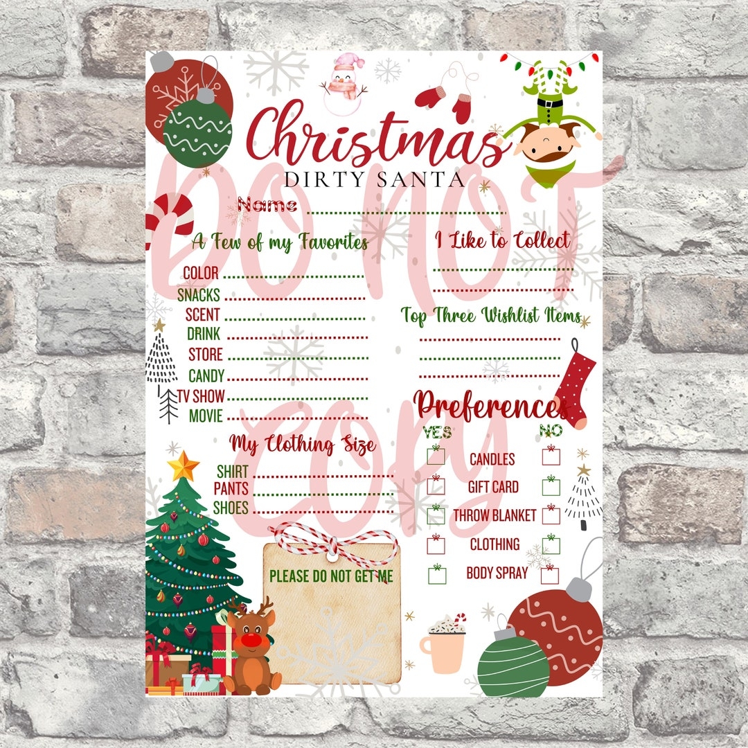 Printable Dirty Santa Questionnaire Christmas Holiday Fun Etsy