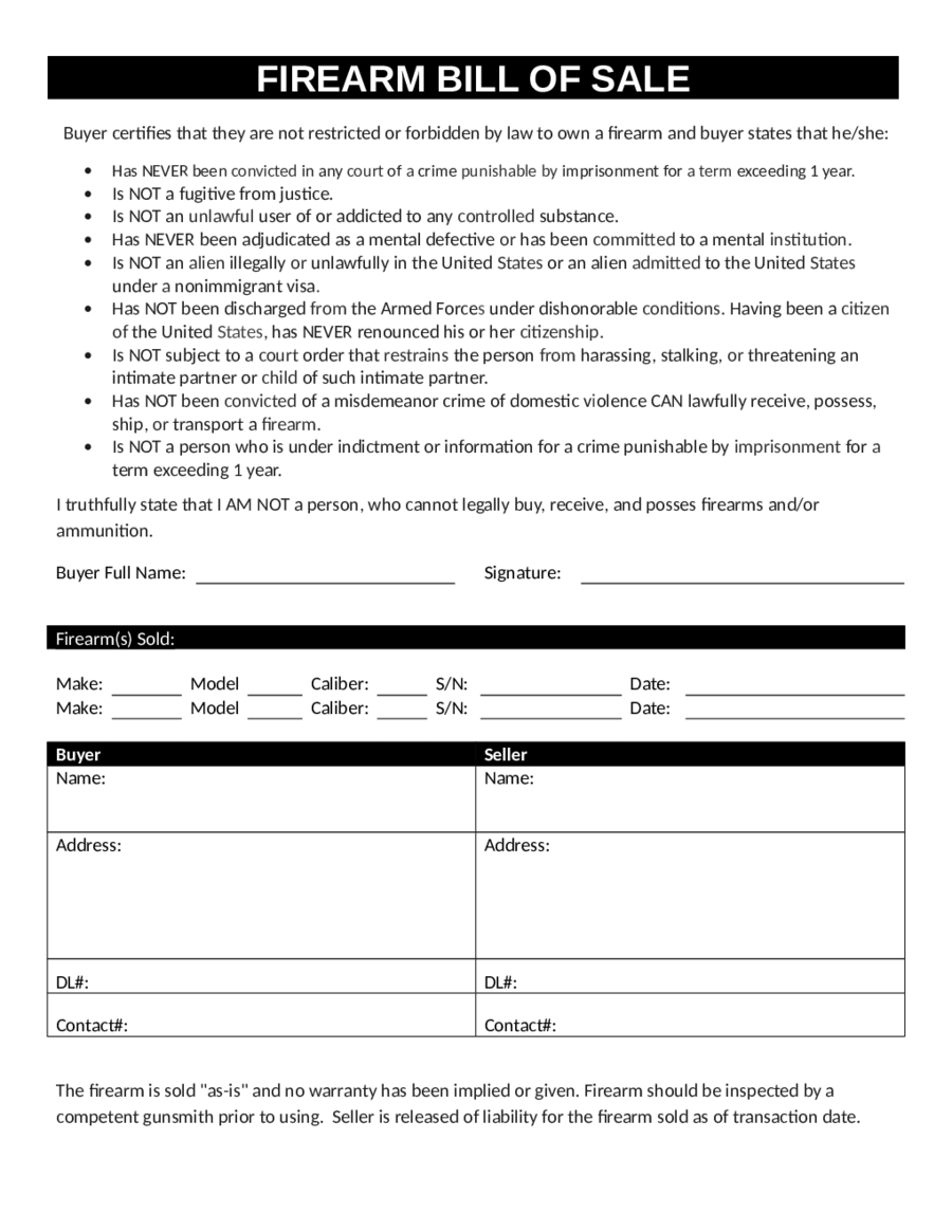 Printable Firearm Bill Of Sale Template Edit Fill Sign Online 