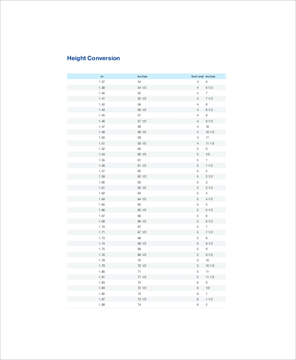 Printable Height Chart Inches To Feet