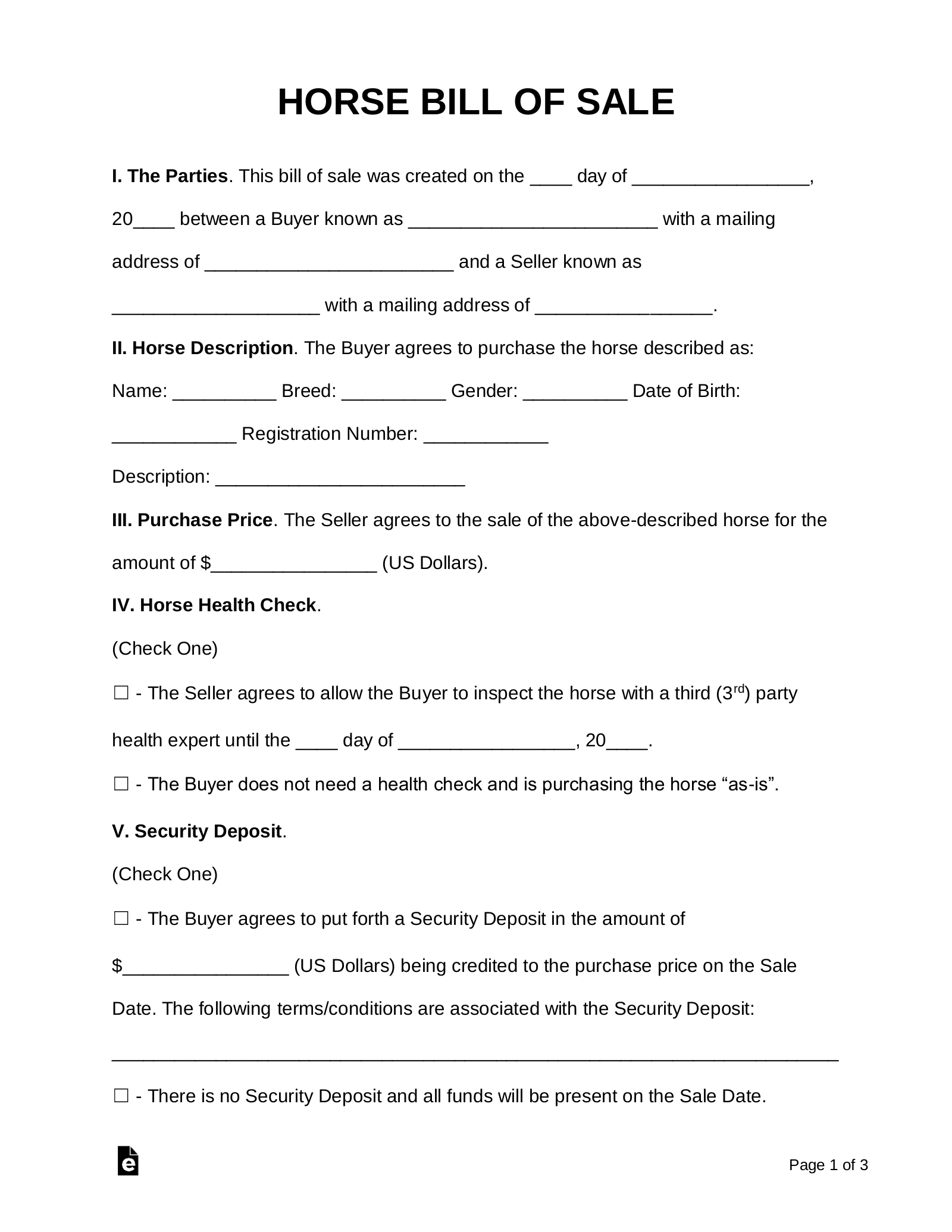 Printable Horse Bill Of Sale Template Printable Templates