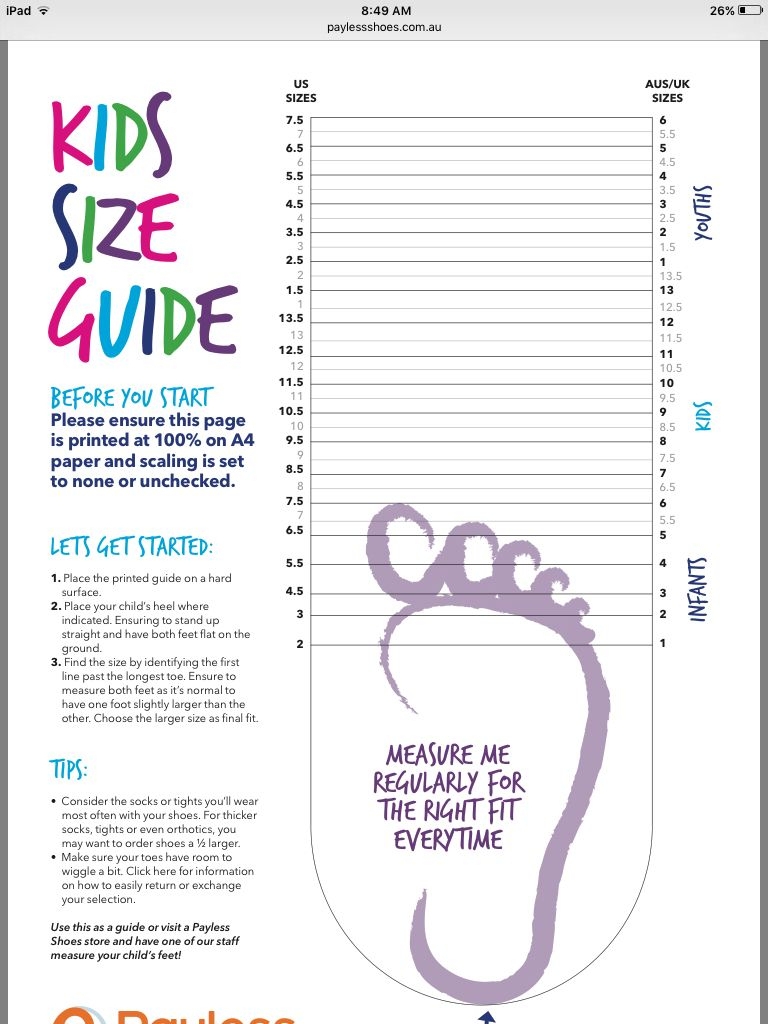 Printable Kids Shoe Size Chart