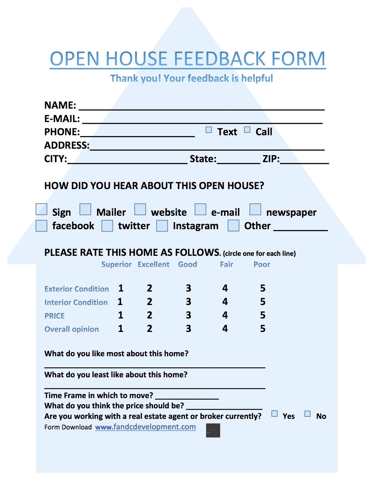 Printable Open House Feedback Form Template Free Templates Printable