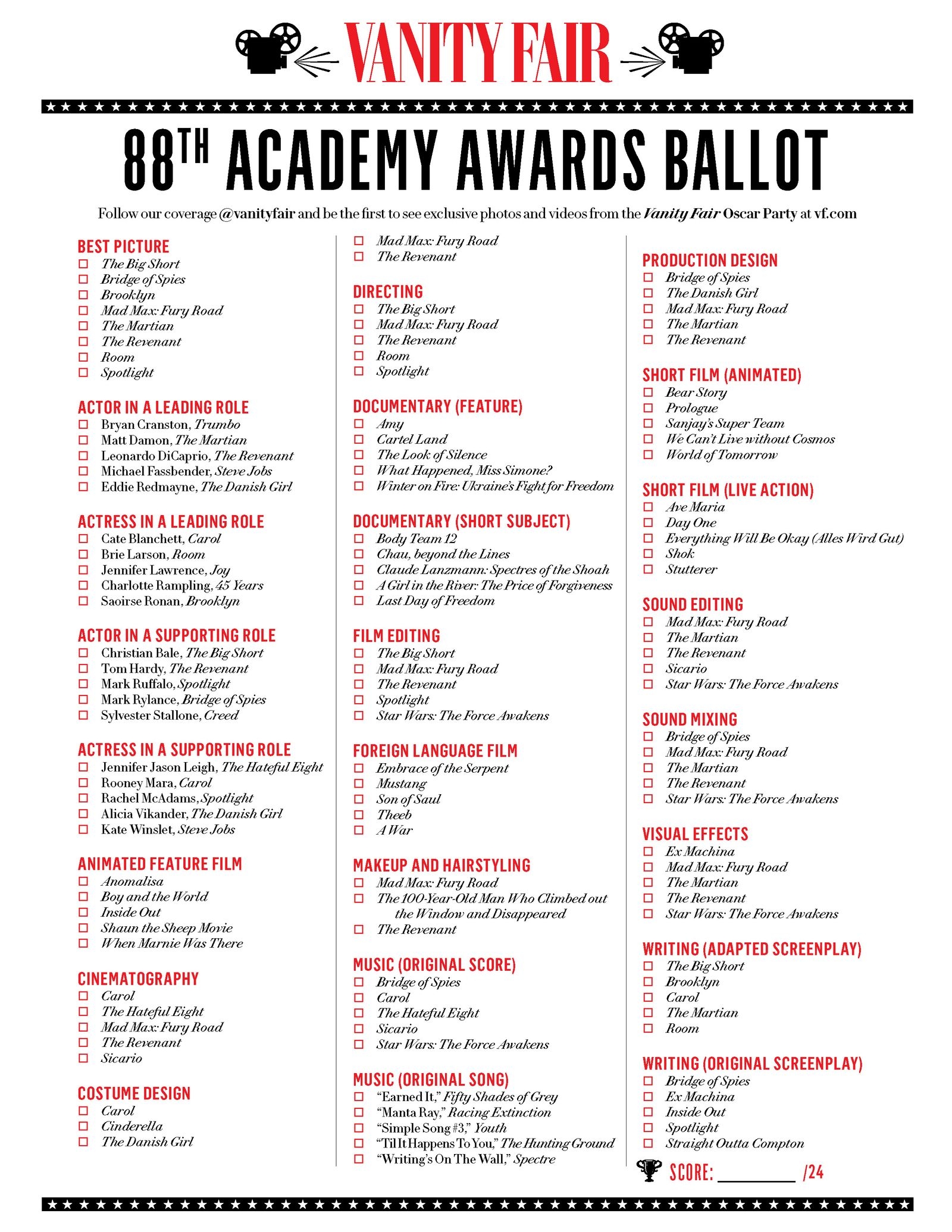 Printable Oscar Ballot 2025 Iris R Beaudin