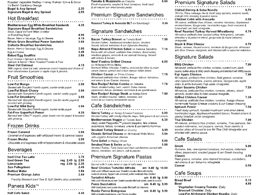 Printable Panera Bread Menu With Prices