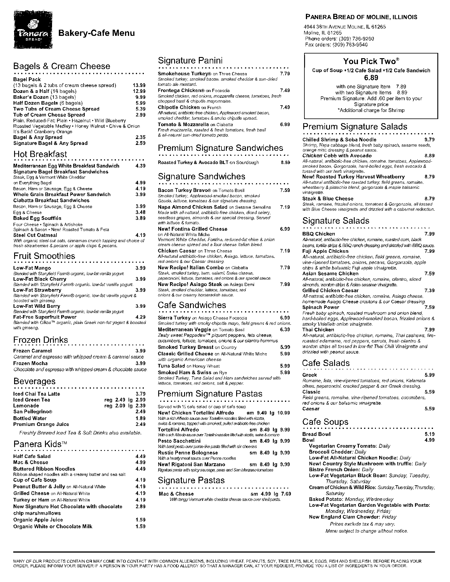 Printable Panera Bread Menu With Prices