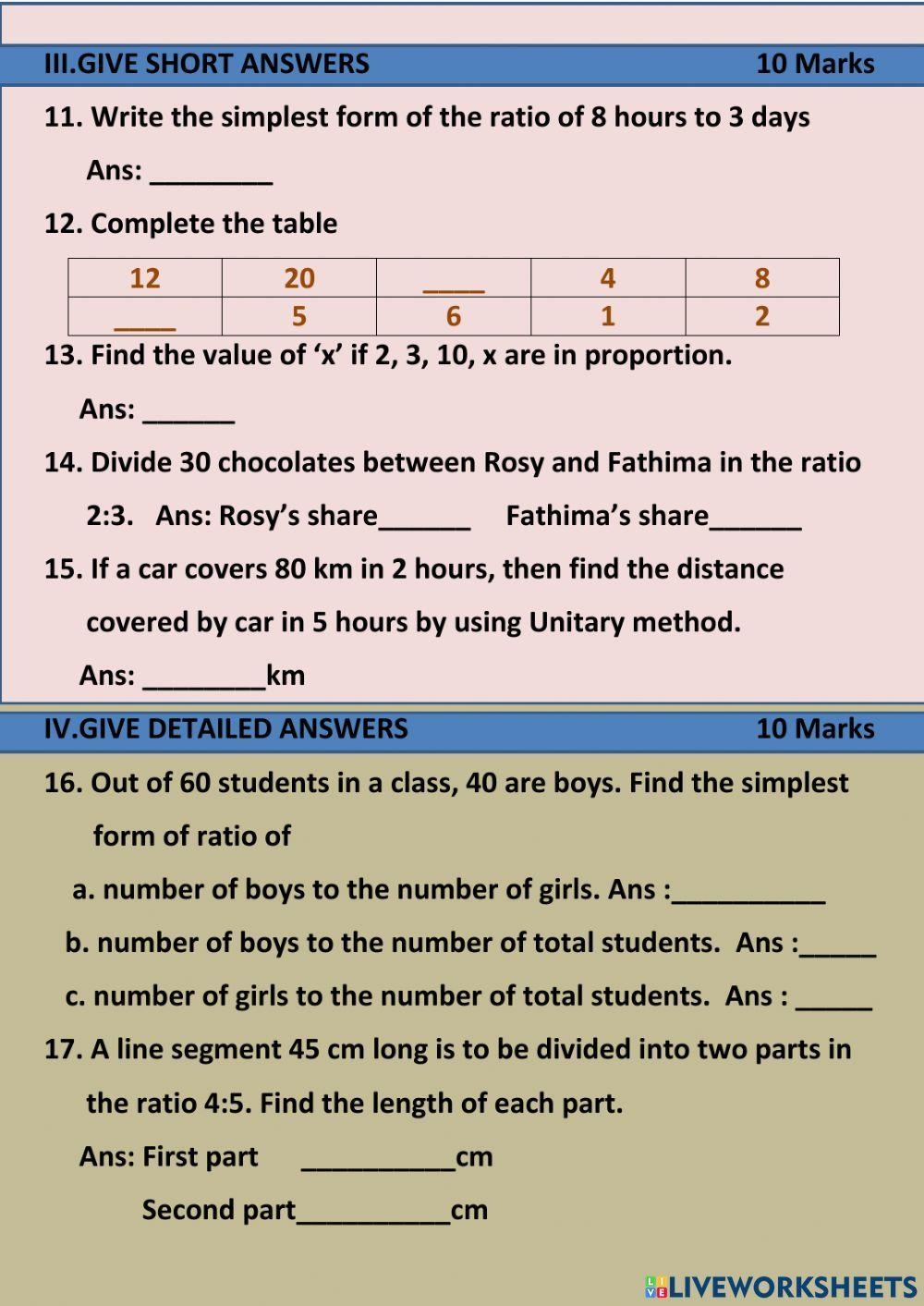 Printable Ratio And Proportion Worksheets For Grade 5 And 6 Math 
