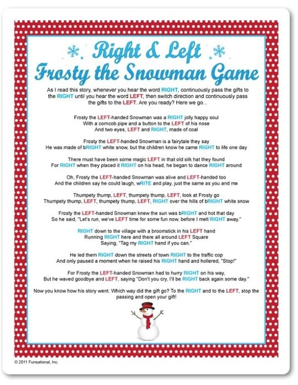 Printable Right Left Frosty The Snowman Game Funsational 