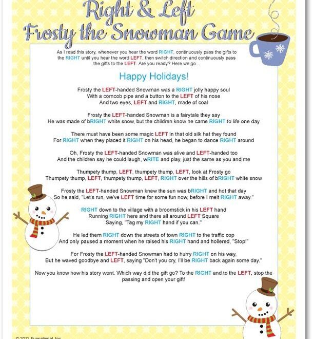 Printable Right Left Frosty The Snowman Yellow Christmas Gift