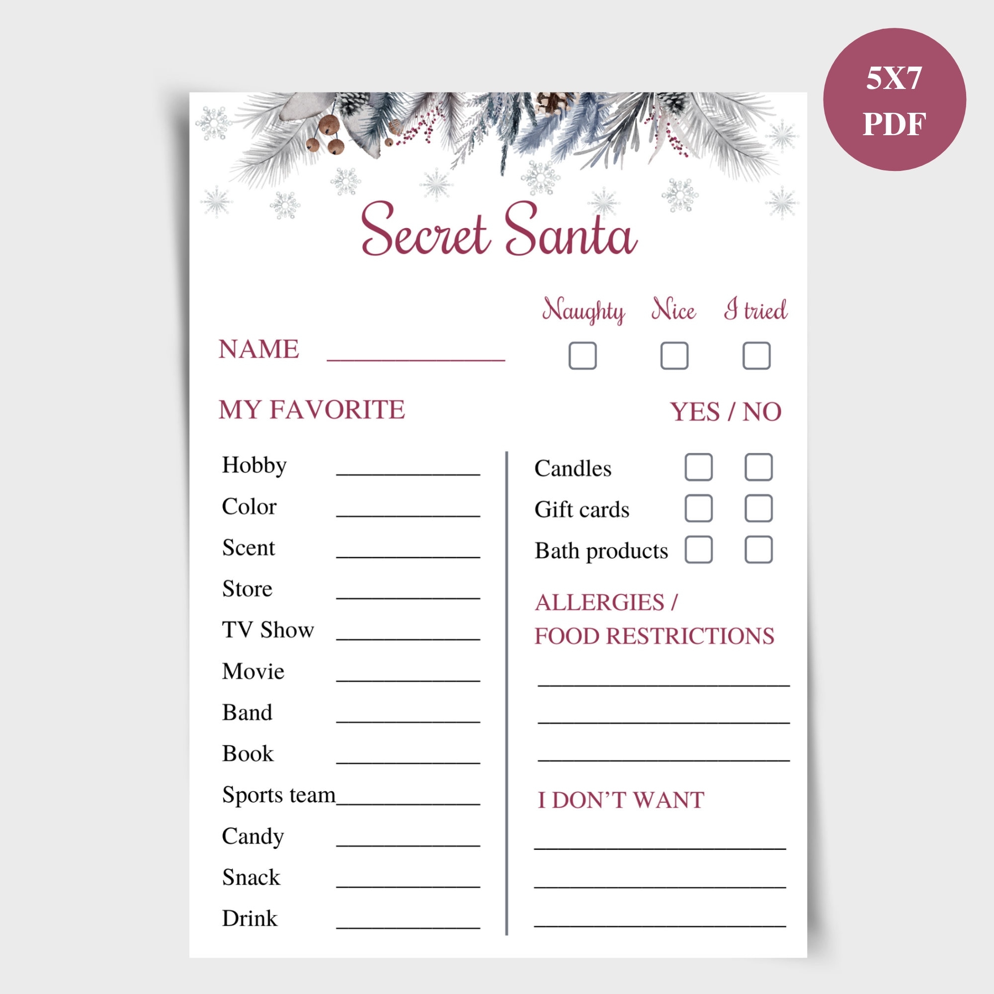 Printable Secret Santa Questionnaire 5x7 Work Secret Santa Info Cards 