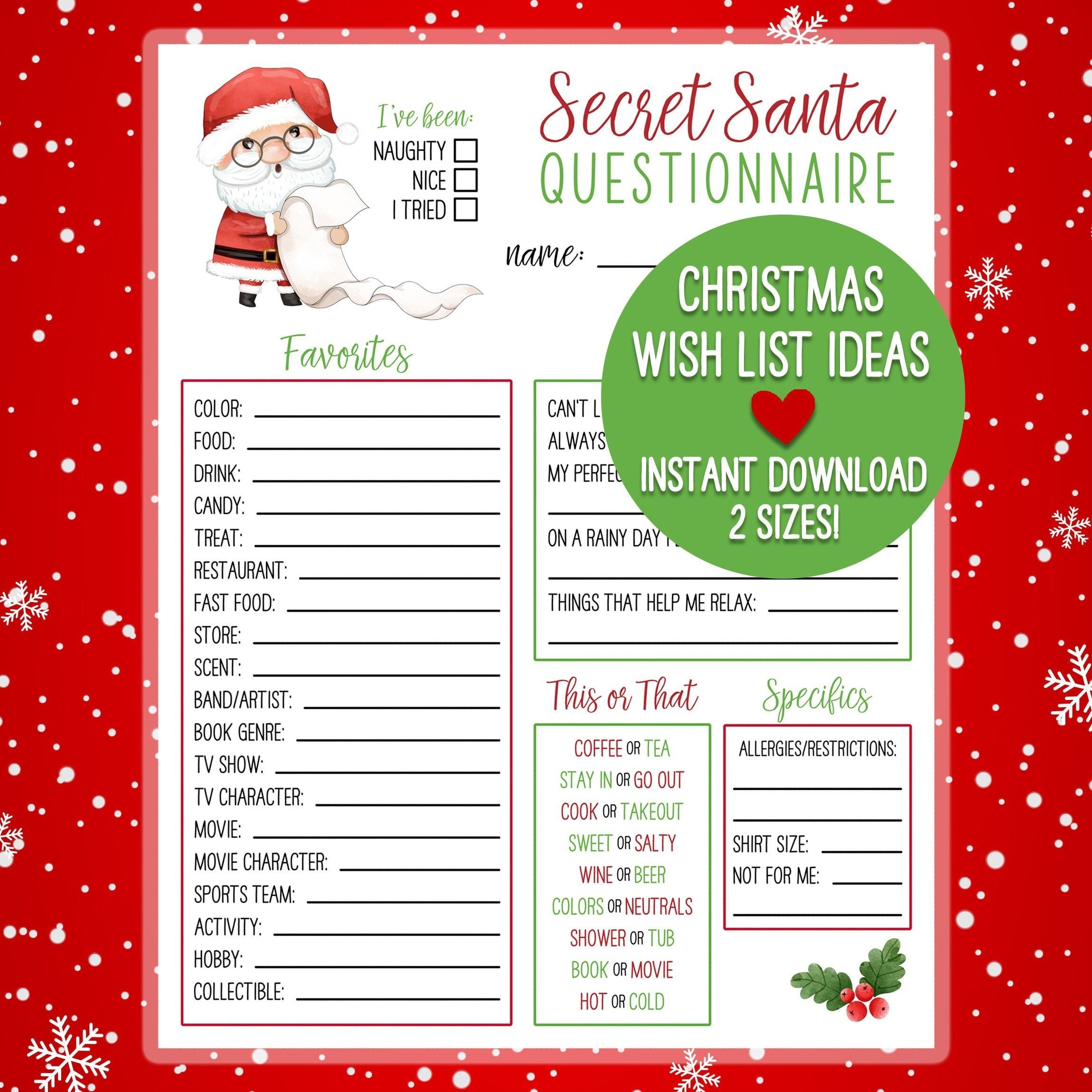 Printable Secret Santa Questionnaire For Gift Exchange Secret Santa 