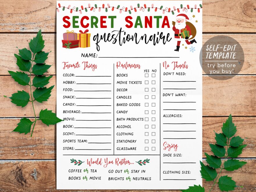 Printable Secret Santa Questions Etsy
