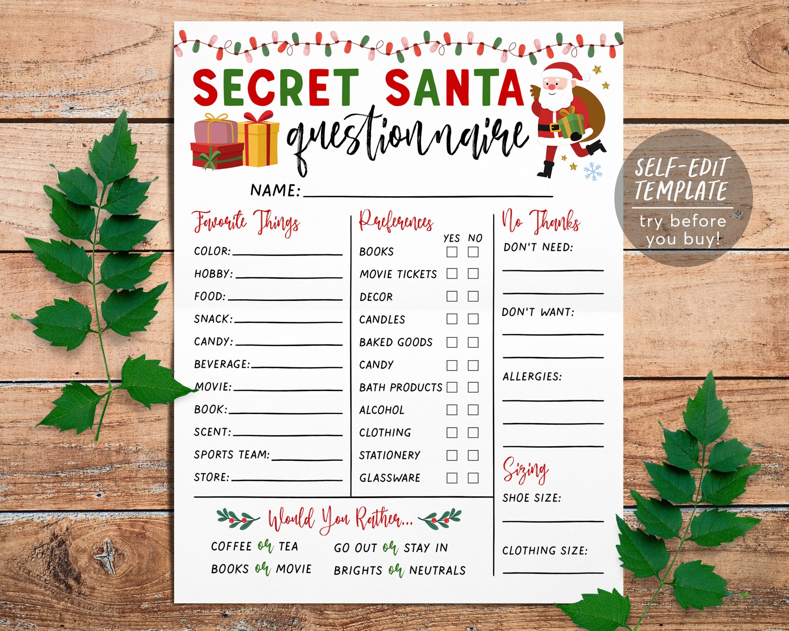 Printable Secret Santa Questions Etsy