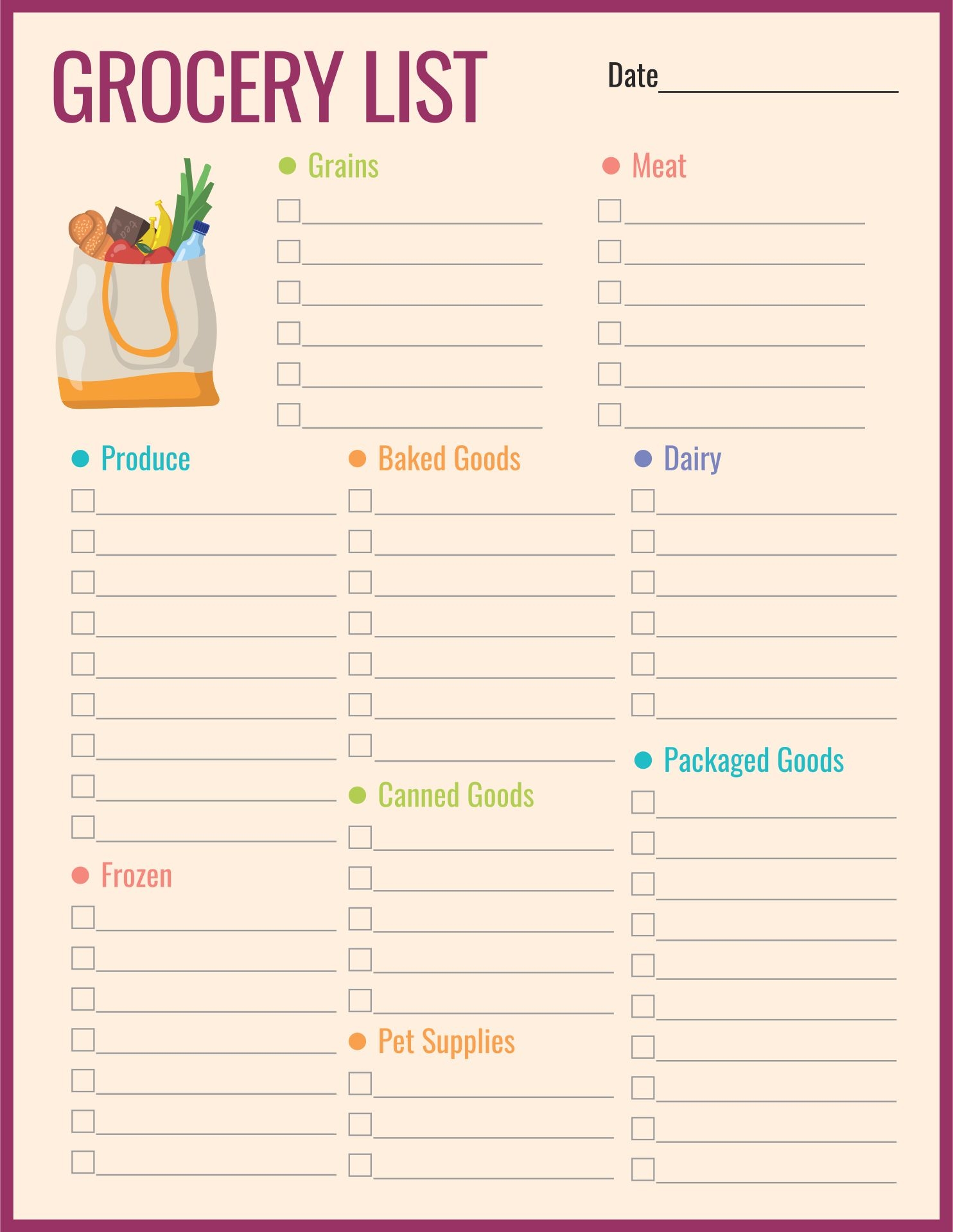 Grocery List Template Free Printable