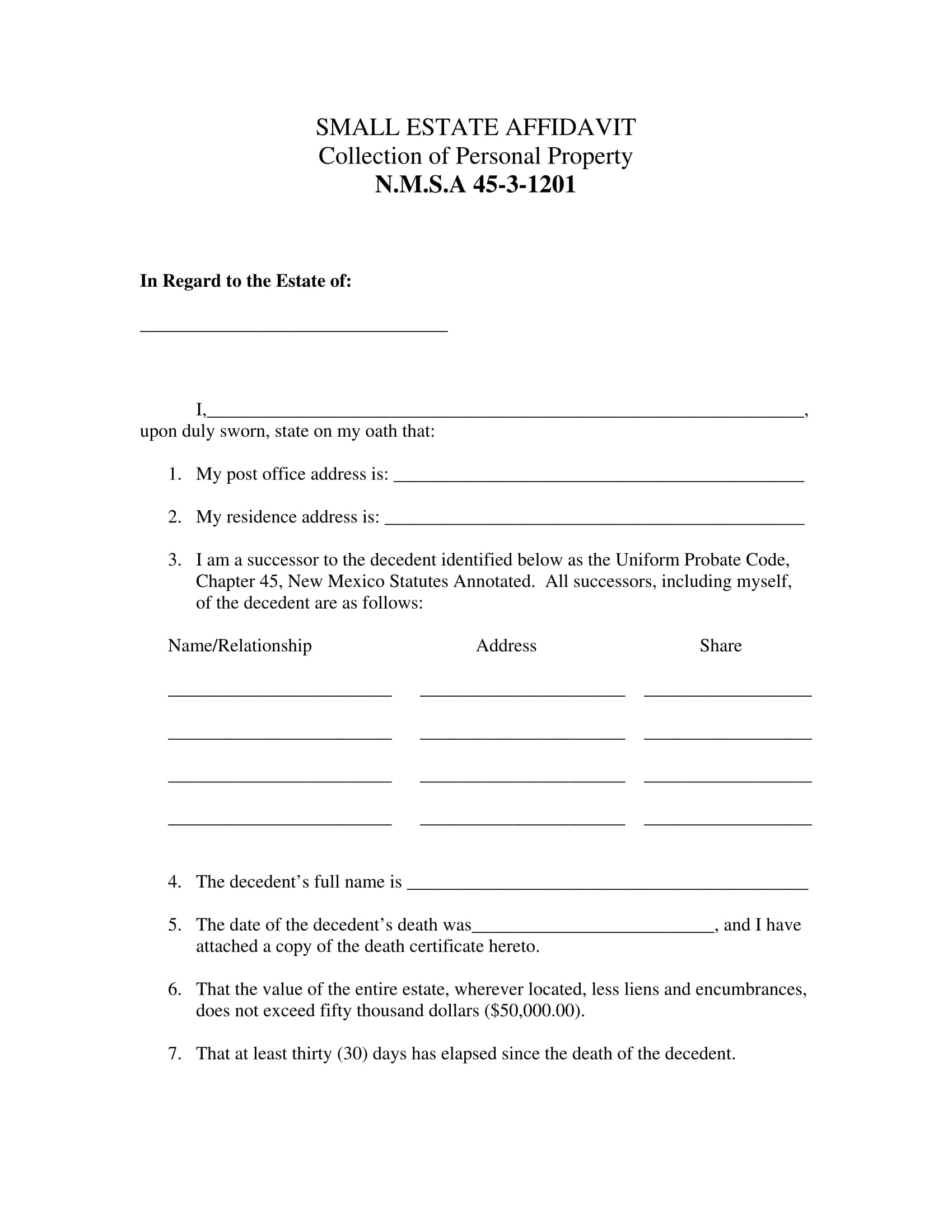 Free Printable Small Estate Affidavit Form