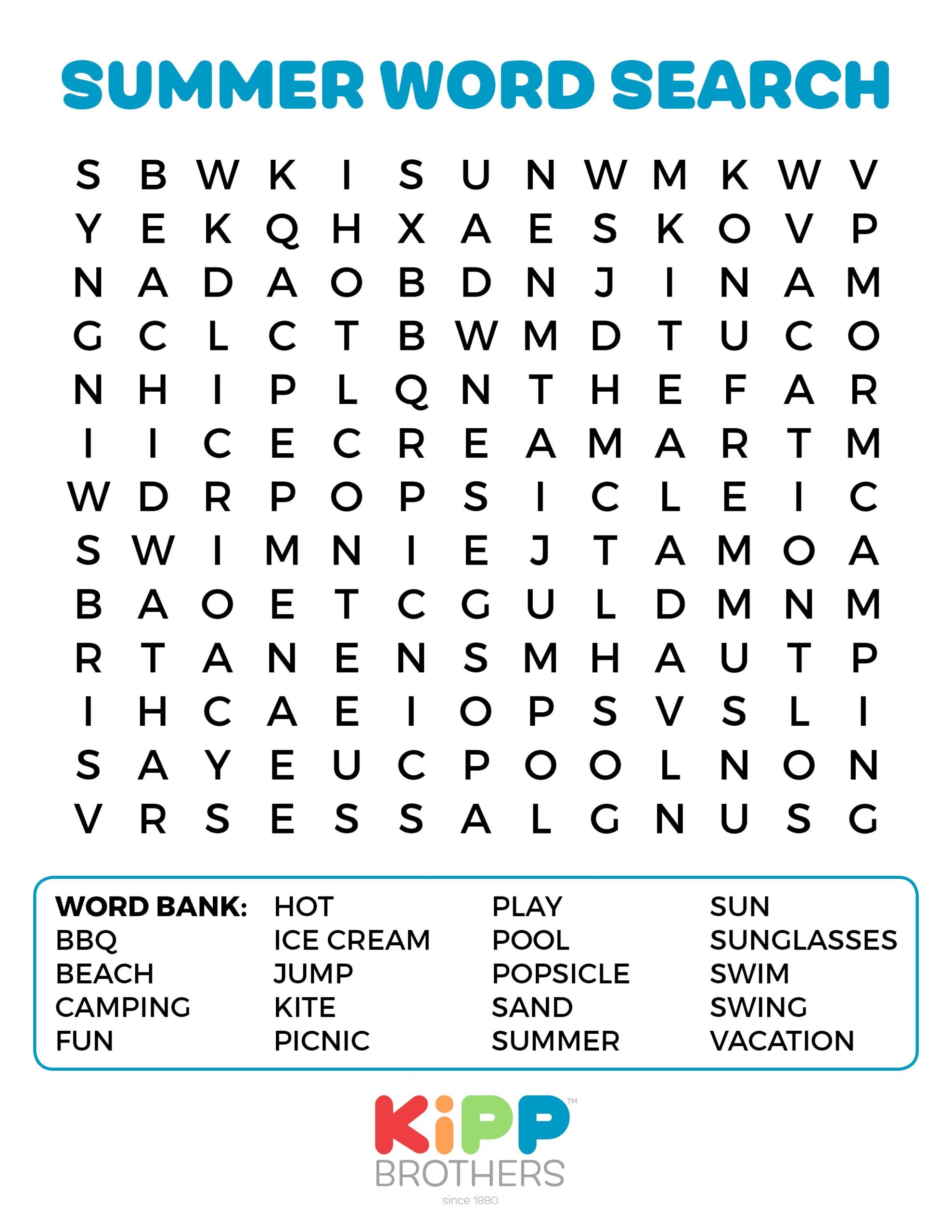 Printable Summer Word Search For Kids Kipp Brothers Summer Words 