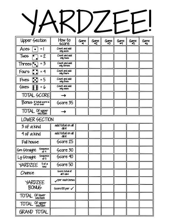 Free Printable Yardzee Score Card