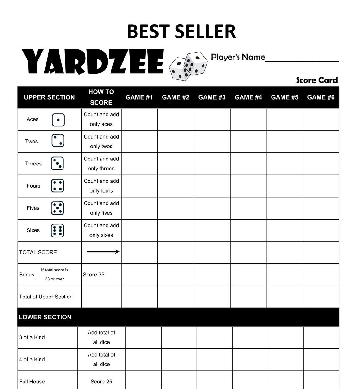 Printable Yardzee Yahtzee Laminated Score Sheet Scorecards With Rules 