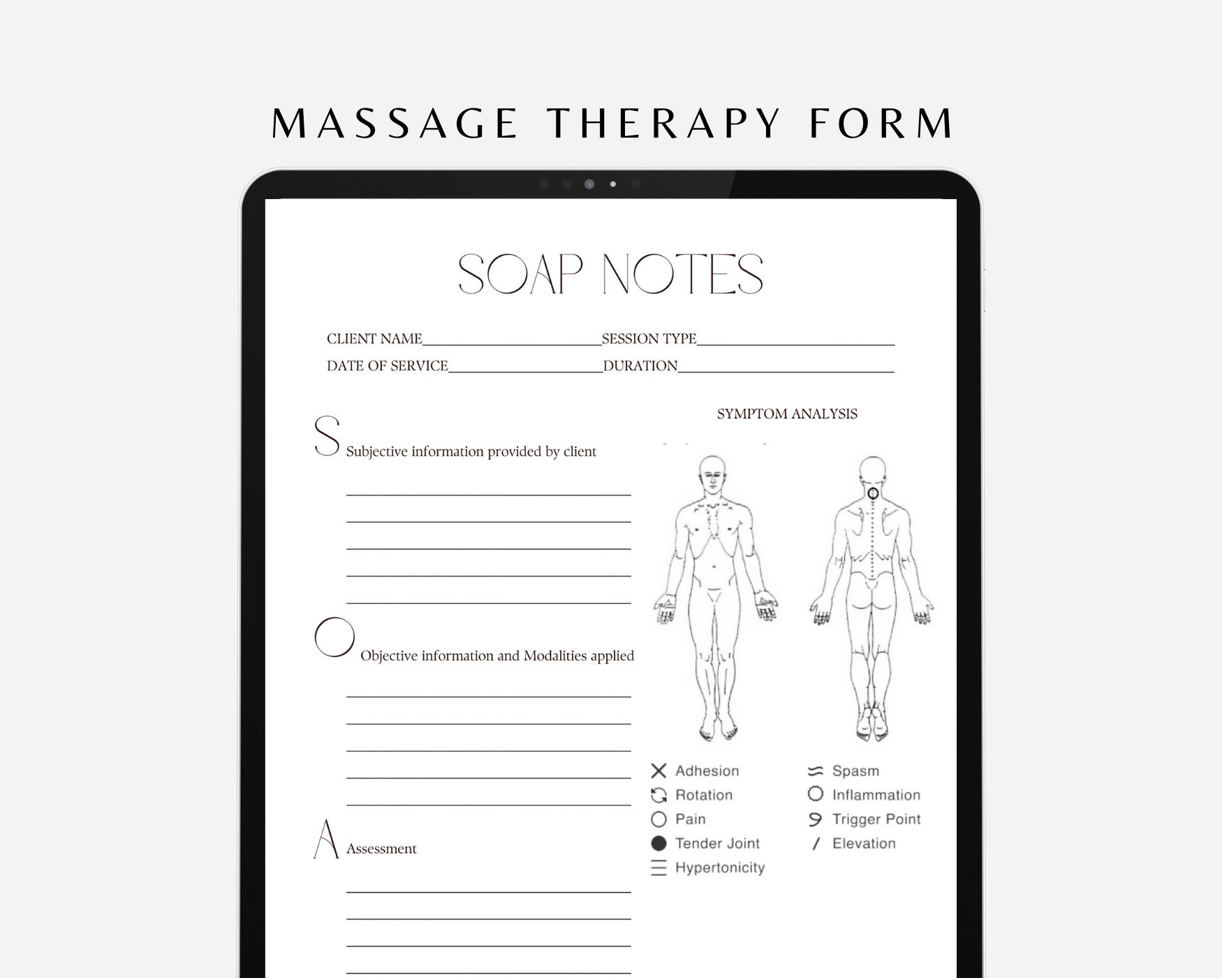 Professional Massage SOAP Notes And Symptom Analysis Form Editable 