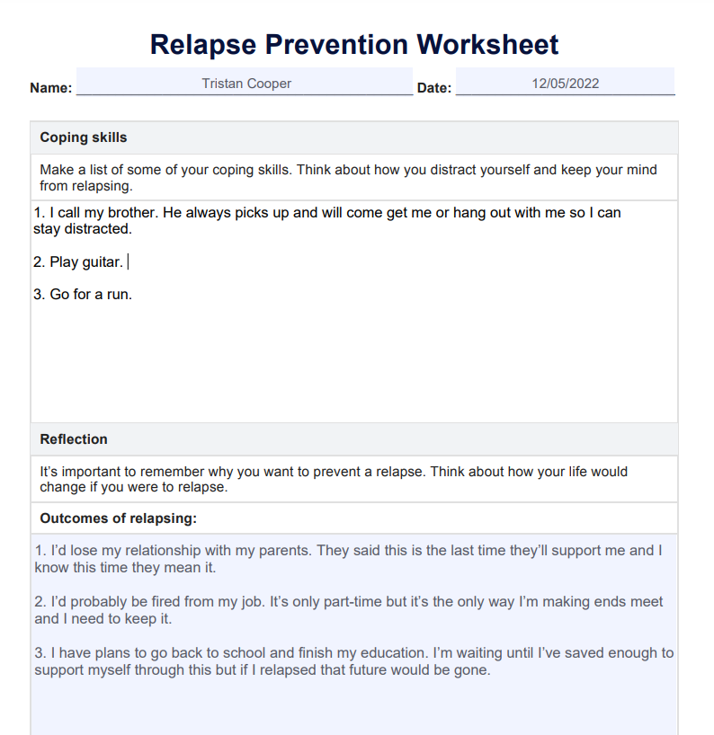 Printable Worksheets On Relapse Prevention