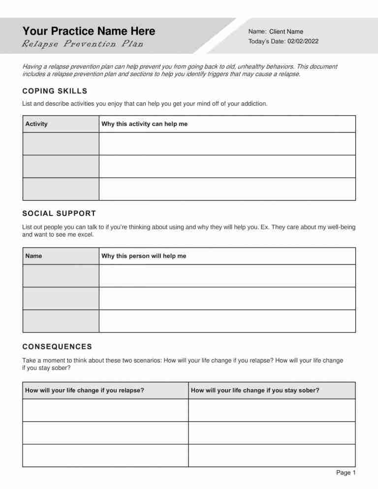 Relapse Prevention Worksheet Plan Template PDF