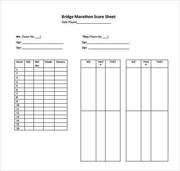 Sample Bridge Score Sheet 9 Free Documents In PDF