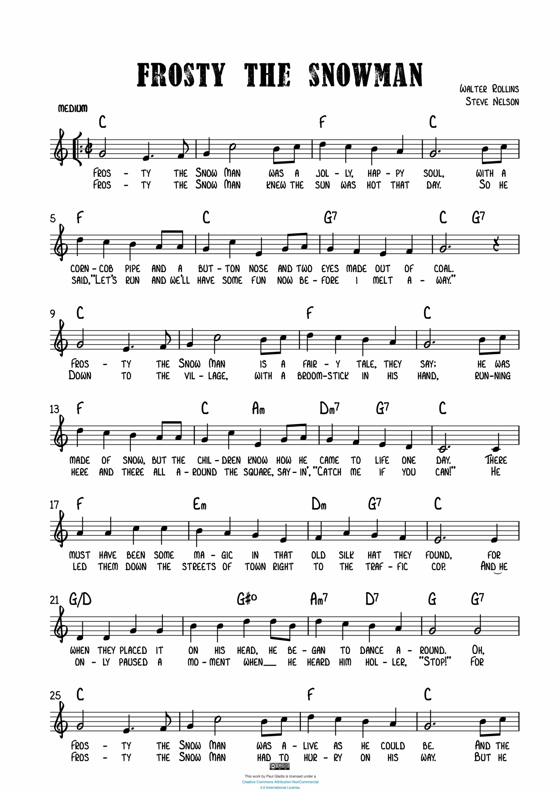 Sheet Music By Paul Gladis Frosty The Snowman Piano Songs Sheet 