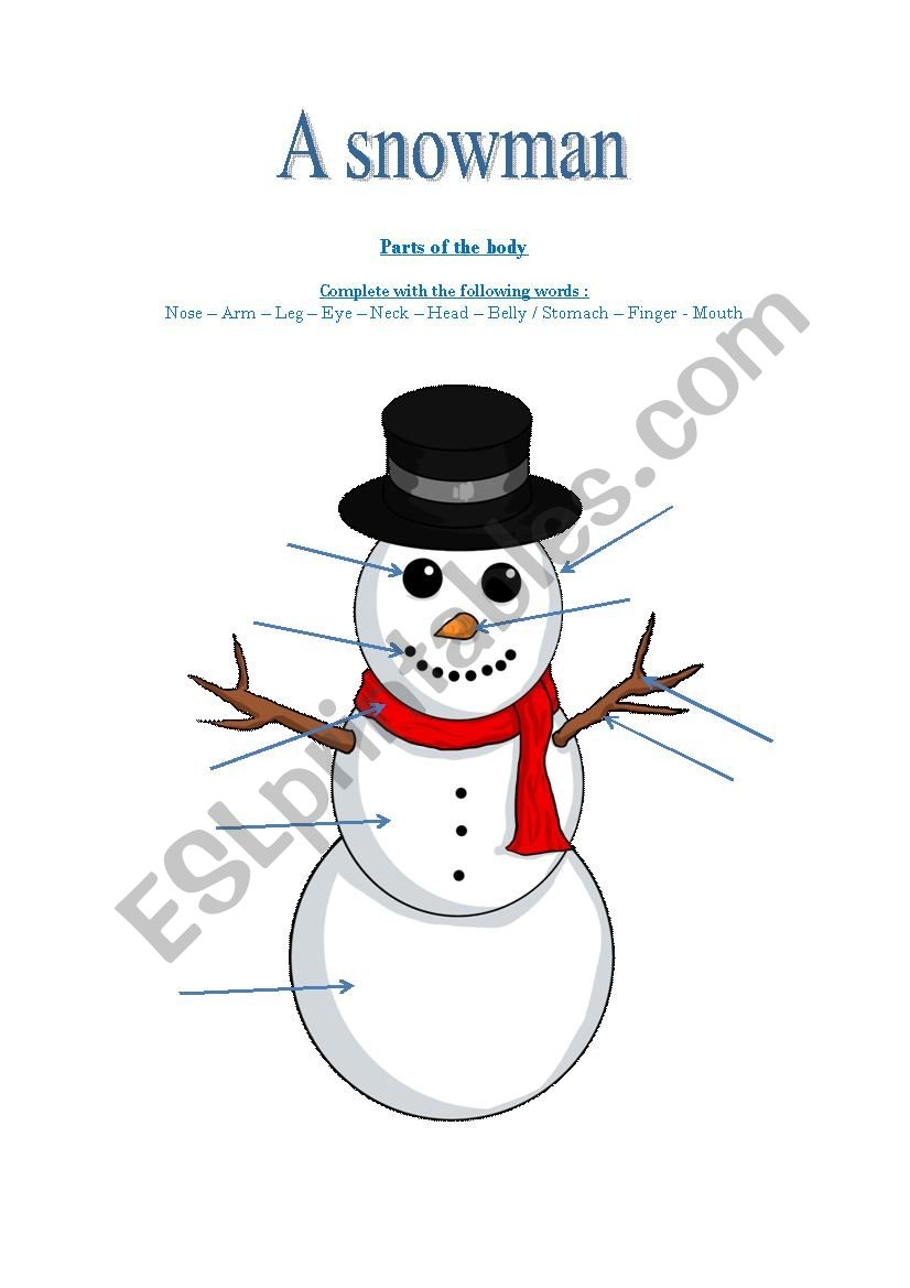 Snowman Parts Of The Body ESL Worksheet By Englishteacher60