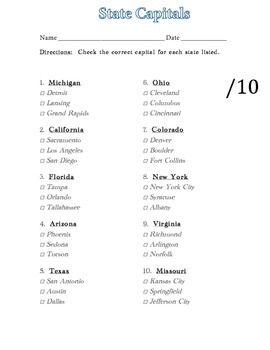 State Capitals 10 Questions Multiple Choice By Curt 39 s Journey