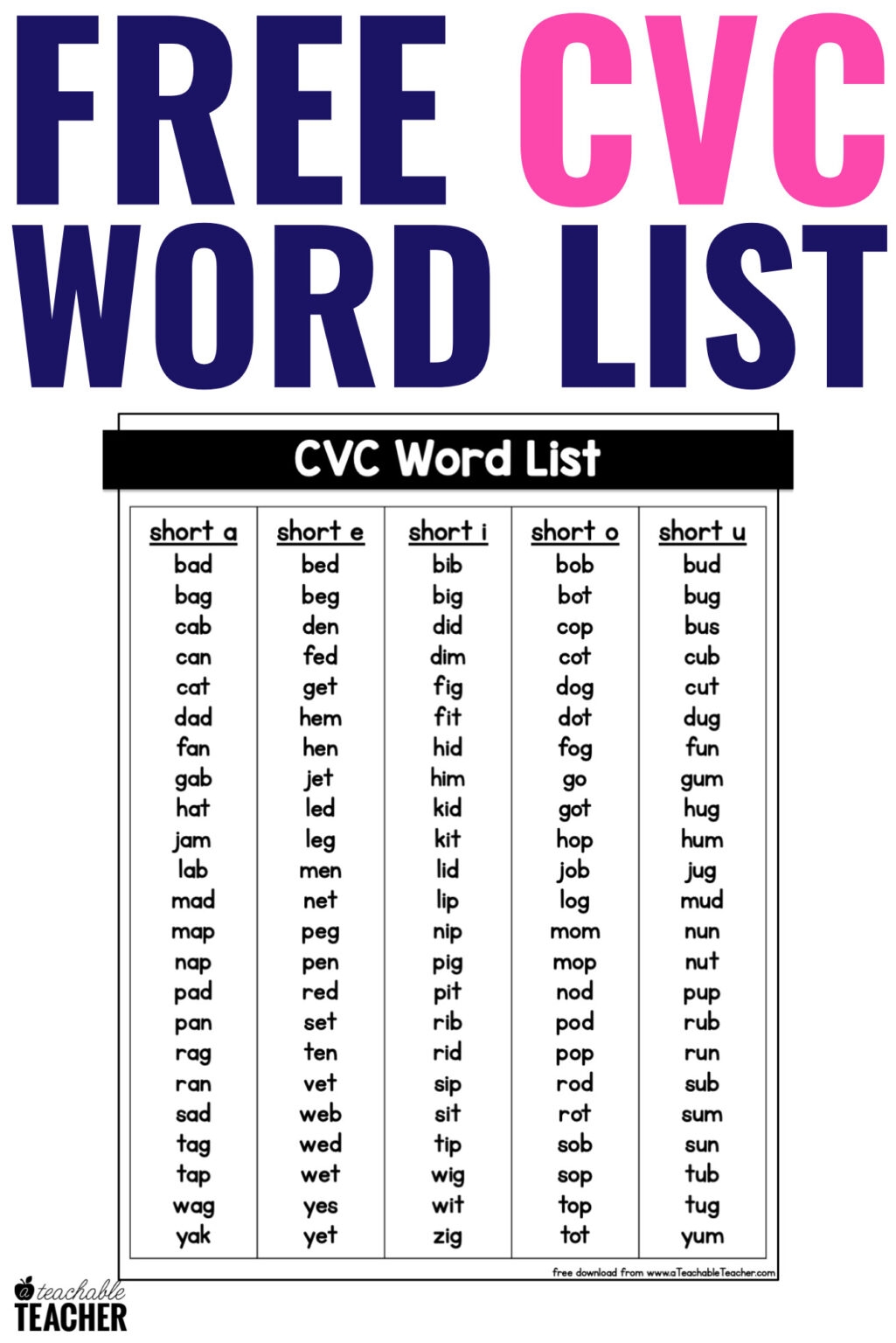 List Of Cvc Words Printable