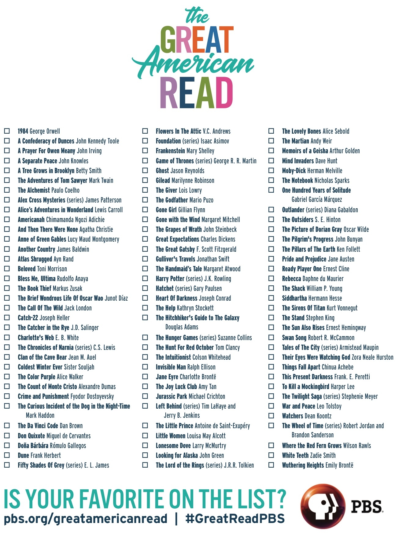 The Great American Read Print Your Checklist Debbie 39 s Spurts