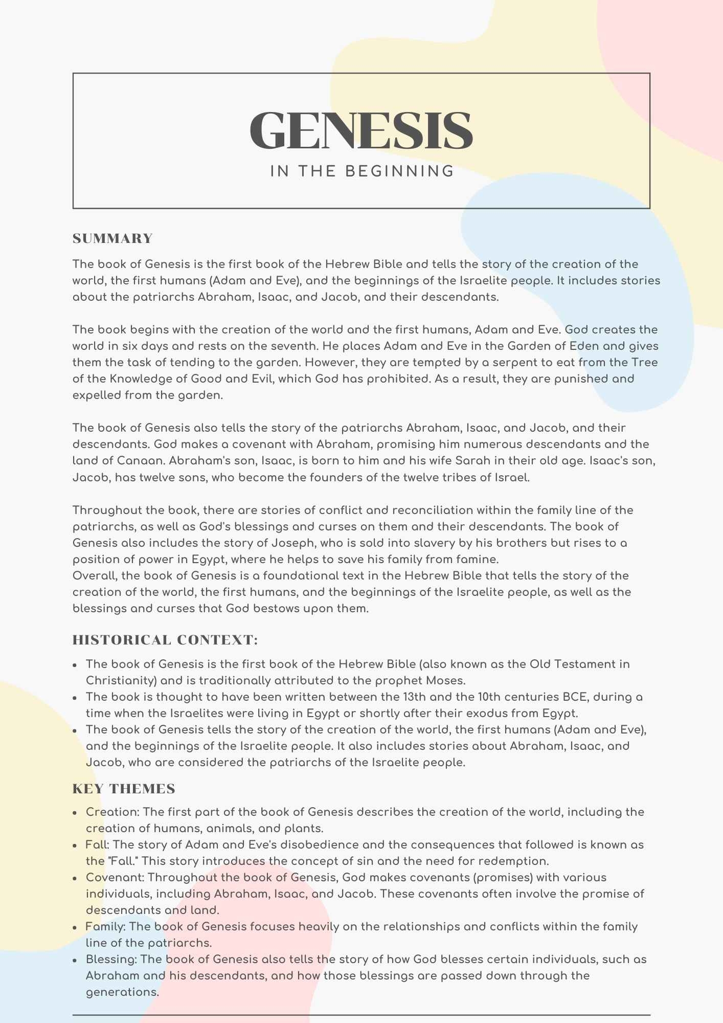 The Pentateuch Torah Or Law Bible Summary Sheets Download All 5 