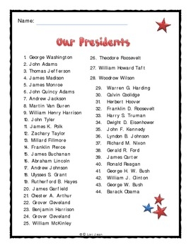 U S Presidents List Graphic Organizer By Lori Jean TPT