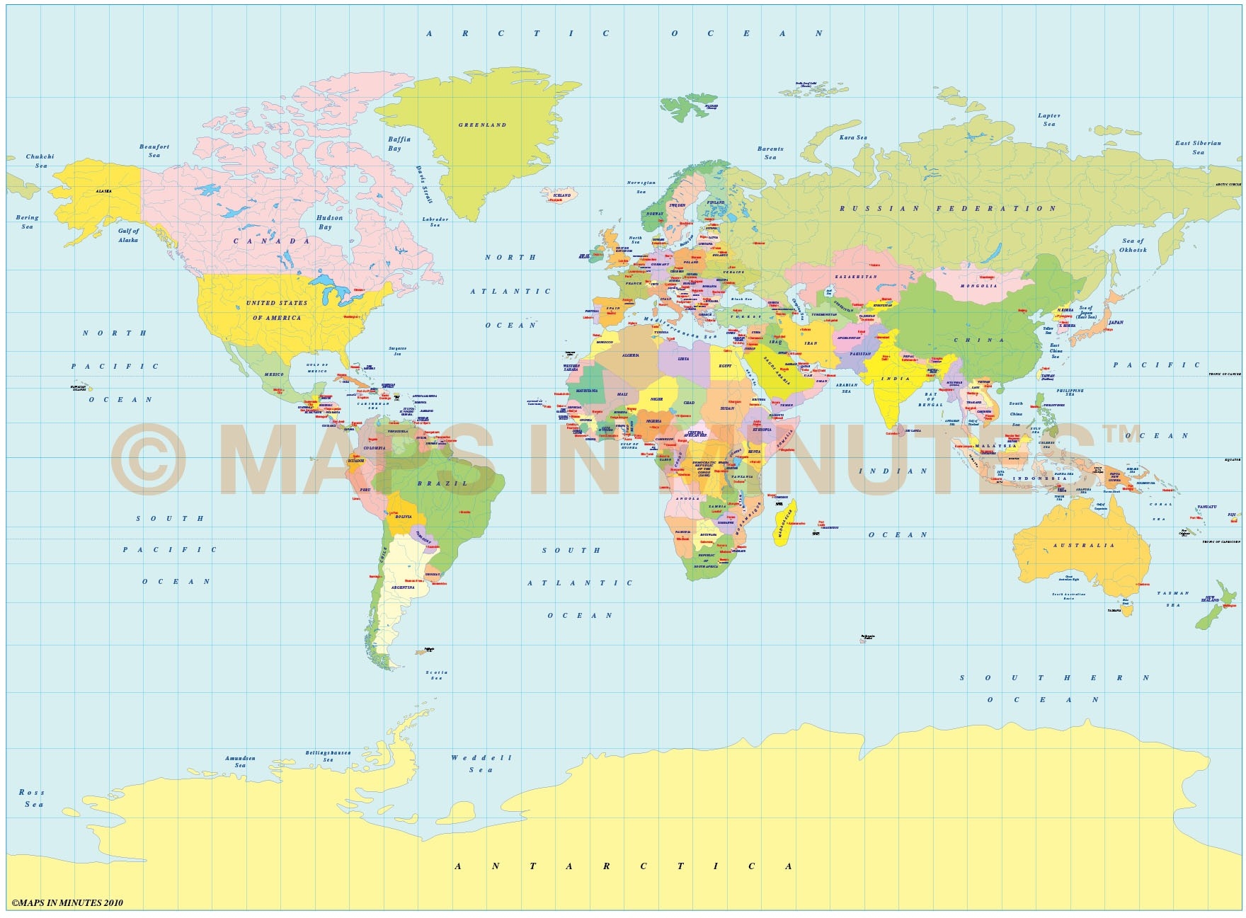 Vector World Map Miller Projection Political Map Small Scale UK 