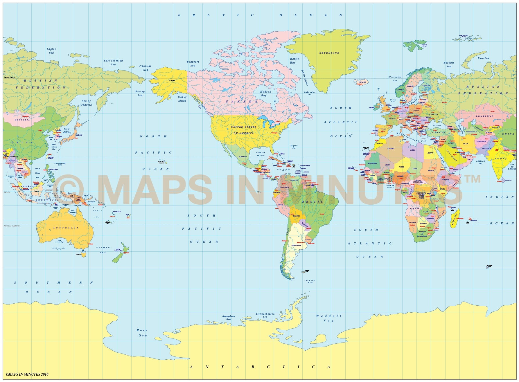 Vector World Map Miller Projection Political Map Small Scale US 