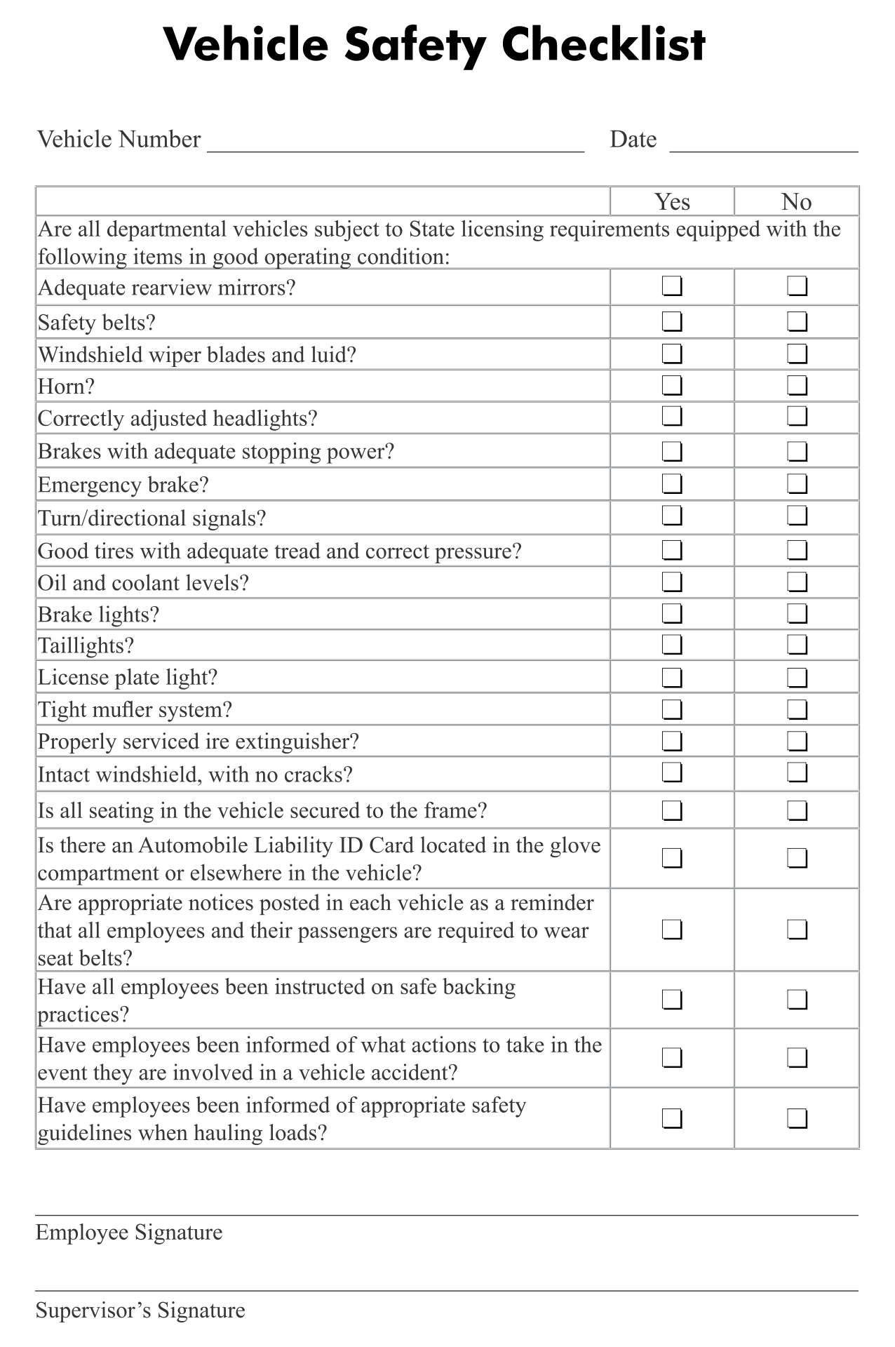 Free Printable Vehicle Inspection Checklist