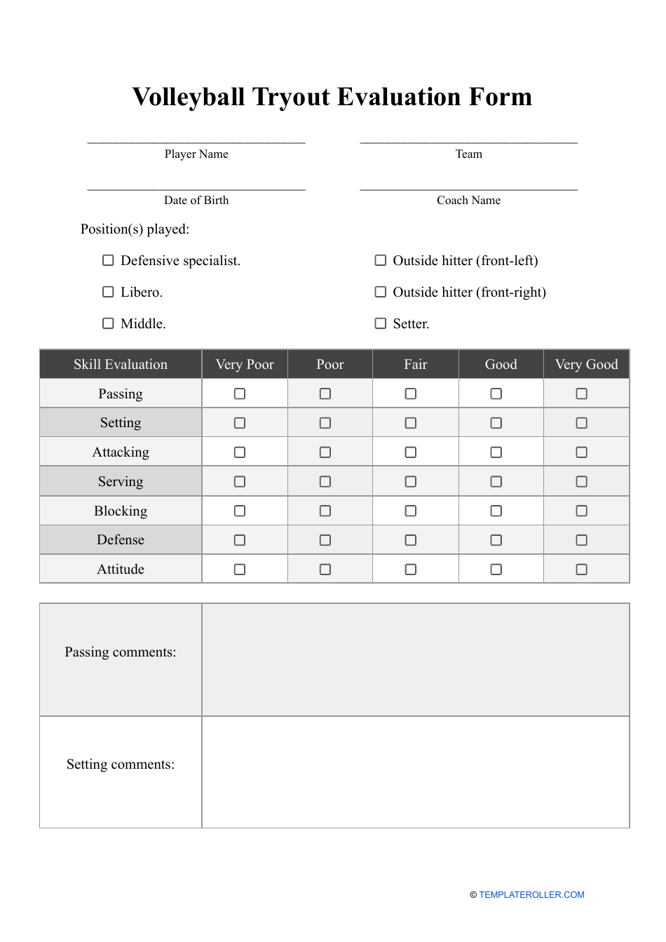 Volleyball Player Evaluation Sheet At Vikki Kearney Blog