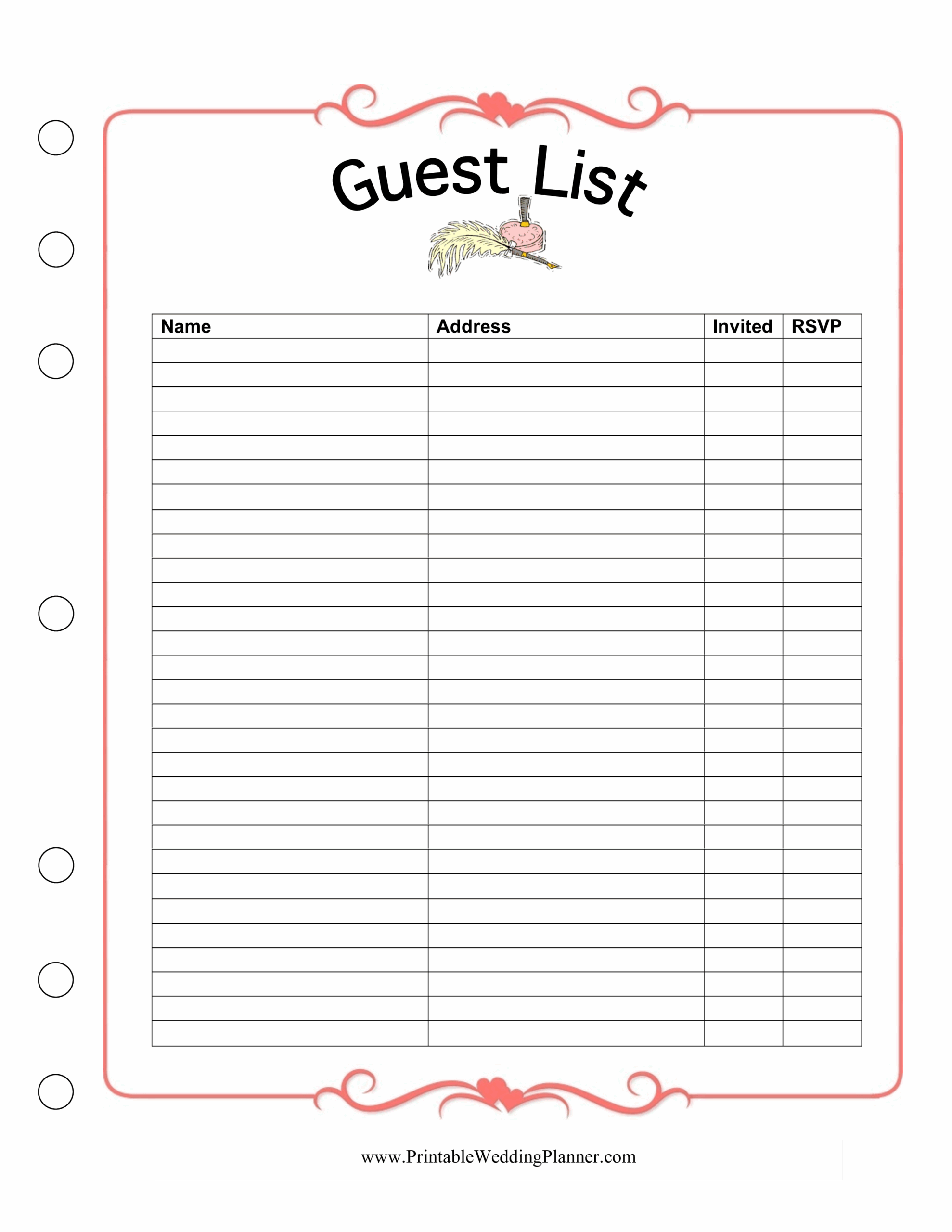 Wedding Guest List Template Printable Printable Templates
