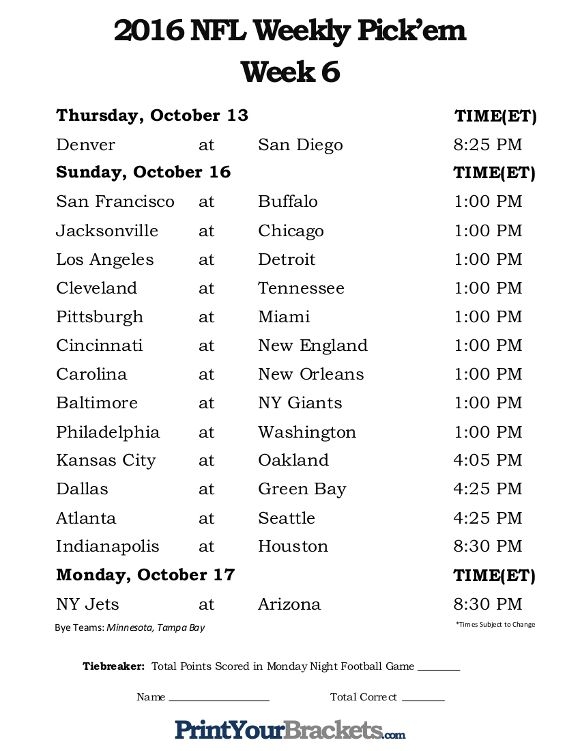 Week 5 Printable Nfl Schedule Printable Budget Sheets