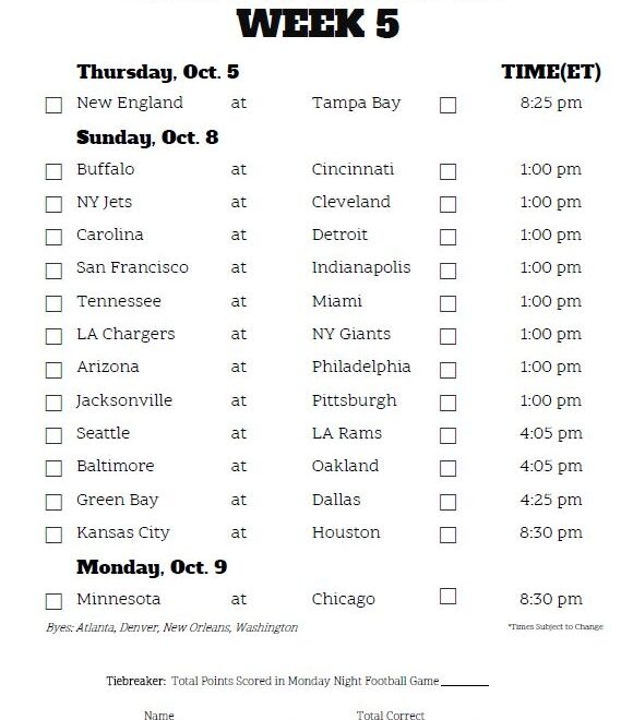 Week 8 Printable Nfl Schedule Printable Board Games
